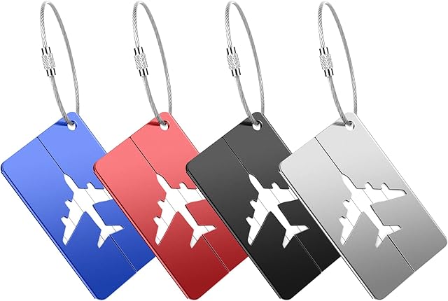 4 Pcs Luggage Tags, Aluminium Baggage Labels with Identity Name ID Card and Steel Loop Suitcase Tag Anti Loss Travel Accessories for Luggage Baggage Suitcase