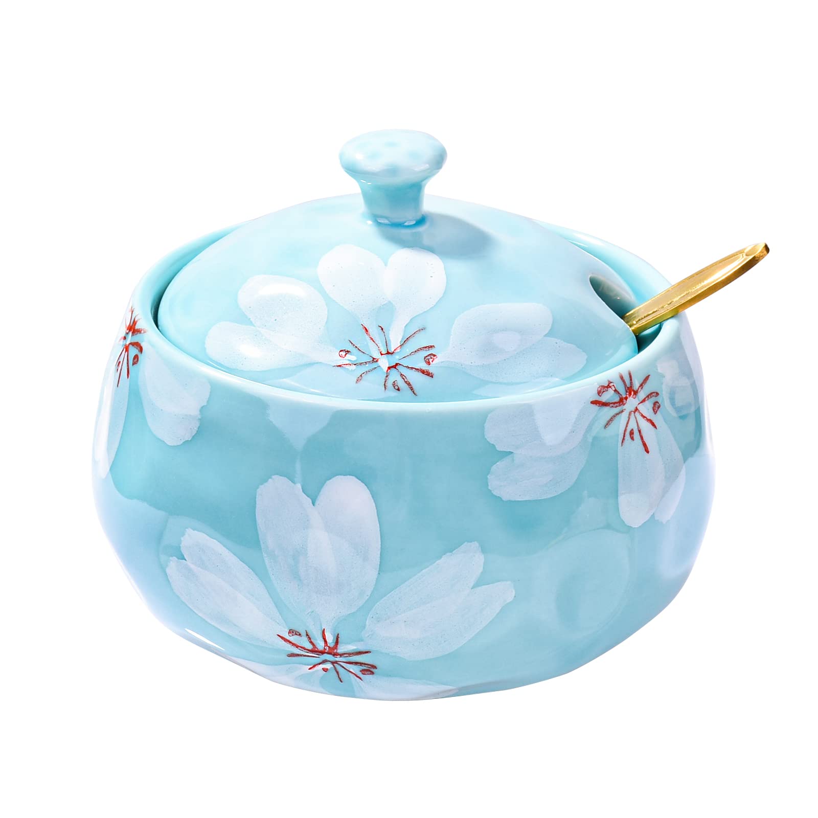 Ceramic Sugar Bowls with Lid and Spoons, Blue