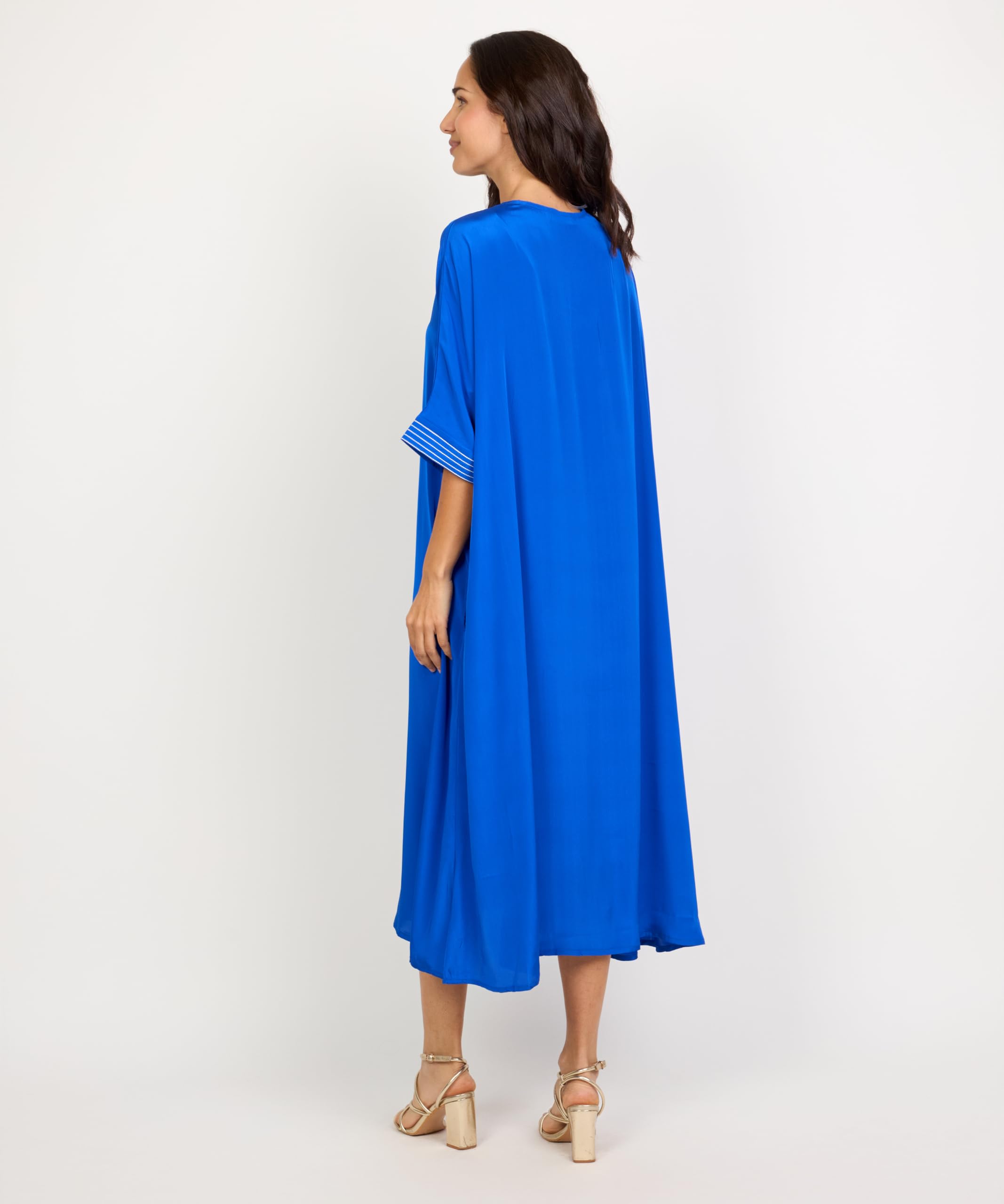 Kaftan de Playa Largo Casual con Cuello V, Detalles de Líneas Decorativas, Estilo Suelto
