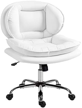 HOMCOM Silla de Oficina Piernas Cruzadas, Silla de Escritorio sin Brazos con Asiento Ancho, Ruedas, Altura Ajustable, Doble Acolchado, Giratoria, Función Basculante, Tapizada en PU, Blanco