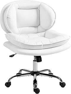 HOMCOM Silla de Oficina Piernas Cruzadas, Silla de Escritorio sin Brazos con Asiento Ancho, Ruedas, Altura Ajustable, Doble Acolchado, Giratoria, Función Basculante, Tapizada en PU, Blanco