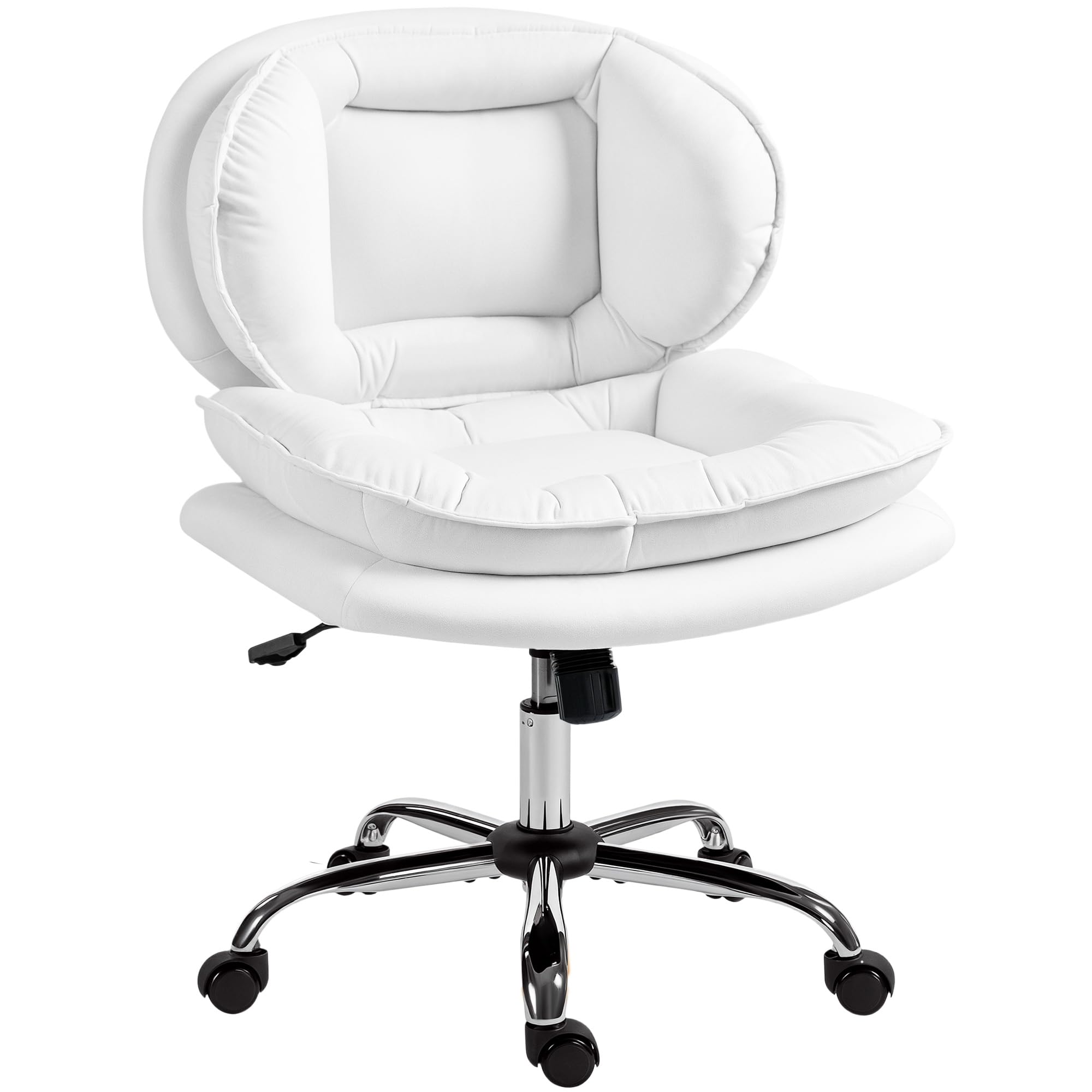 HOMCOM Silla de Oficina Piernas Cruzadas, Silla de Escritorio sin Brazos con Asiento Ancho, Ruedas, Altura Ajustable, Doble Acolchado, Giratoria, Función Basculante, Tapizada en PU, Blanco