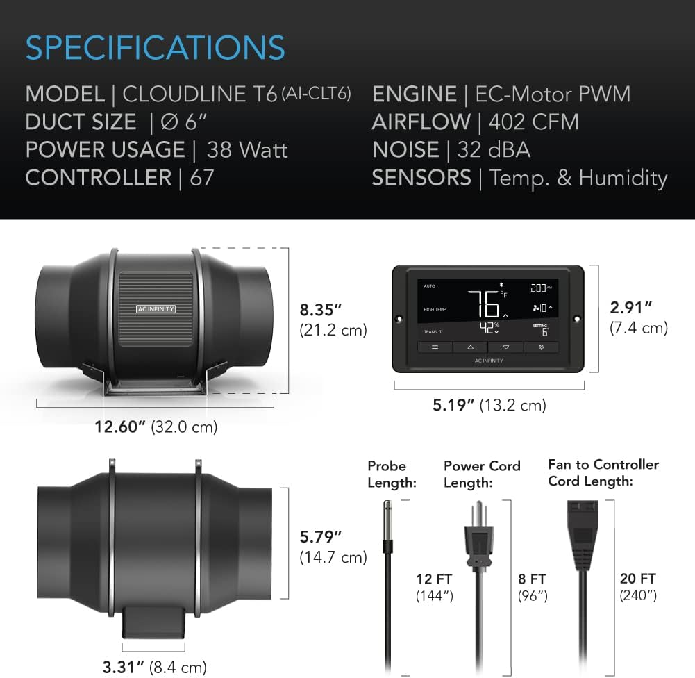 AC Infinity CLOUDLINE T6, Quiet 6” Inline Duct Fan with Temperature Humidity Controller, Bluetooth App - Ventilation Exhaust Fan for Heating Cooling Booster, Grow Tents, Hydroponics : Patio, Lawn & Garden