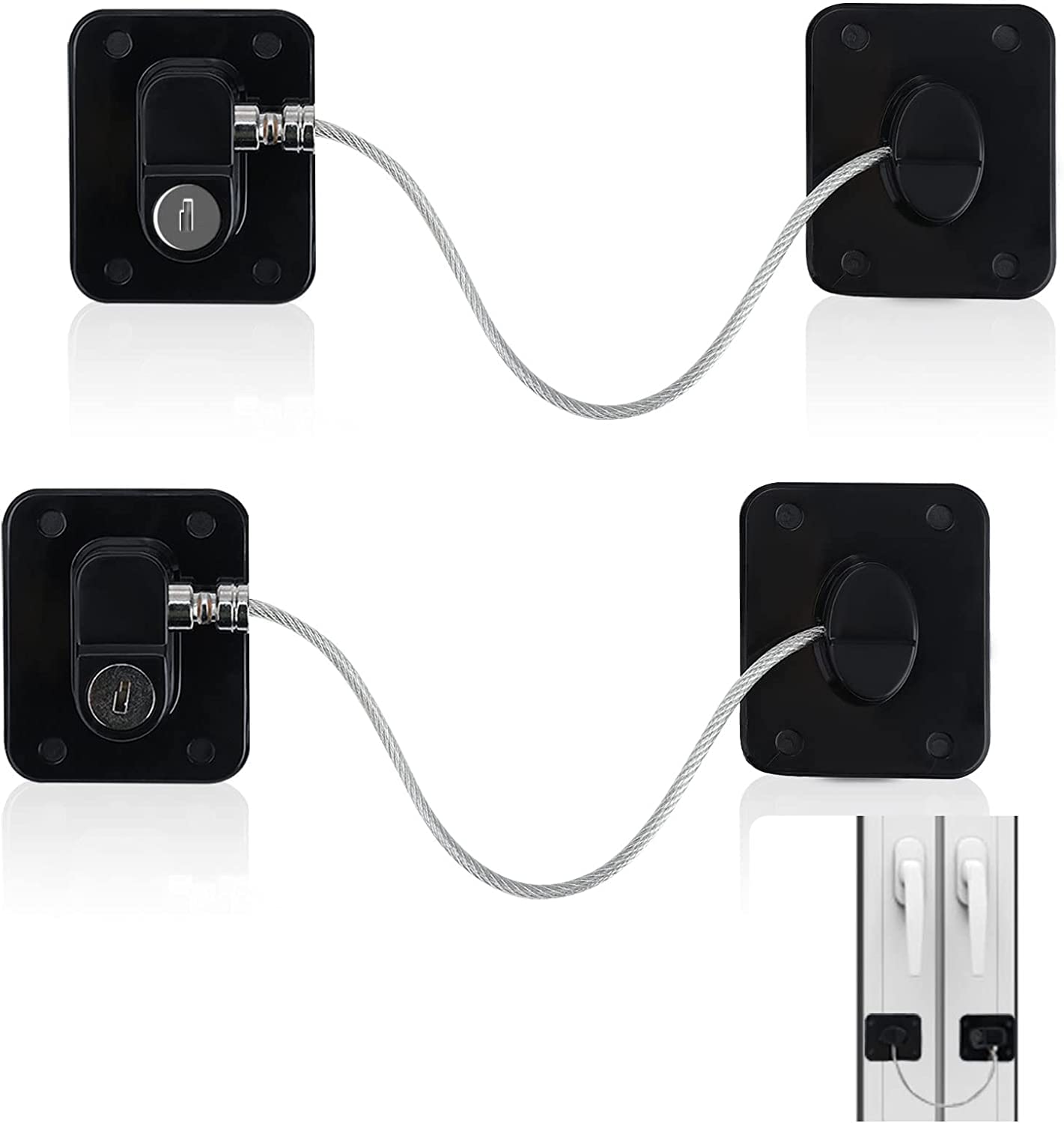 SYOSI Window Safety Locks Self Adhesive Restrictor Black Security Wire Latch with Key Support Drilling for Baby Kids Pet Childproof Safe, Home Office Room Door Refrigerator Cable Lock 2PCS