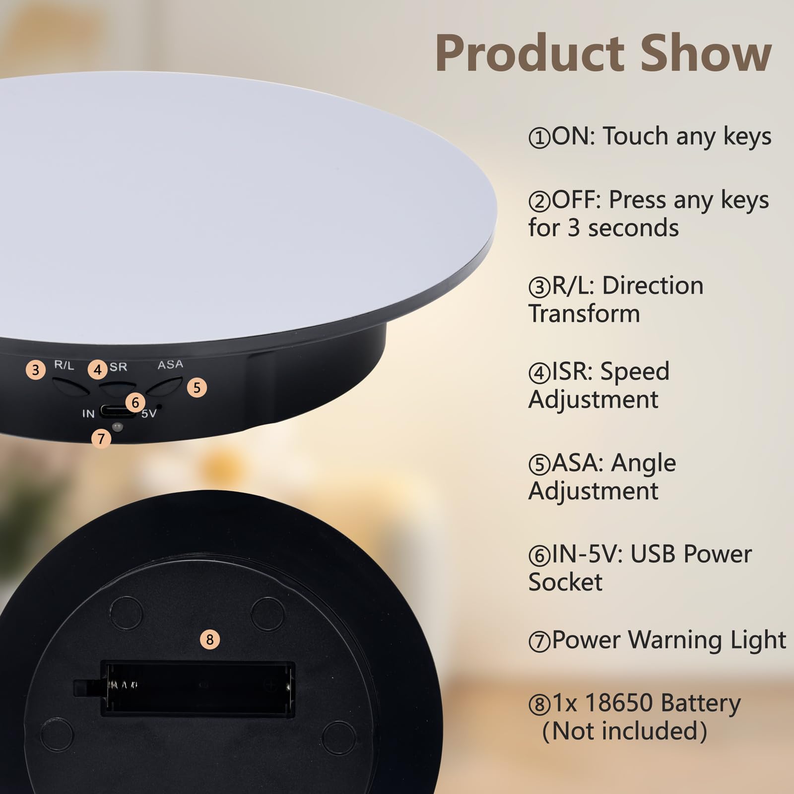 Plateau tournant électrique de 20 cm avec 5 fonds, plateau rotatif pour la photographie, rotation à 360°, capacité de charge de 8 kg, idéal pour les accessoires de tournage vidéo et les bijoux