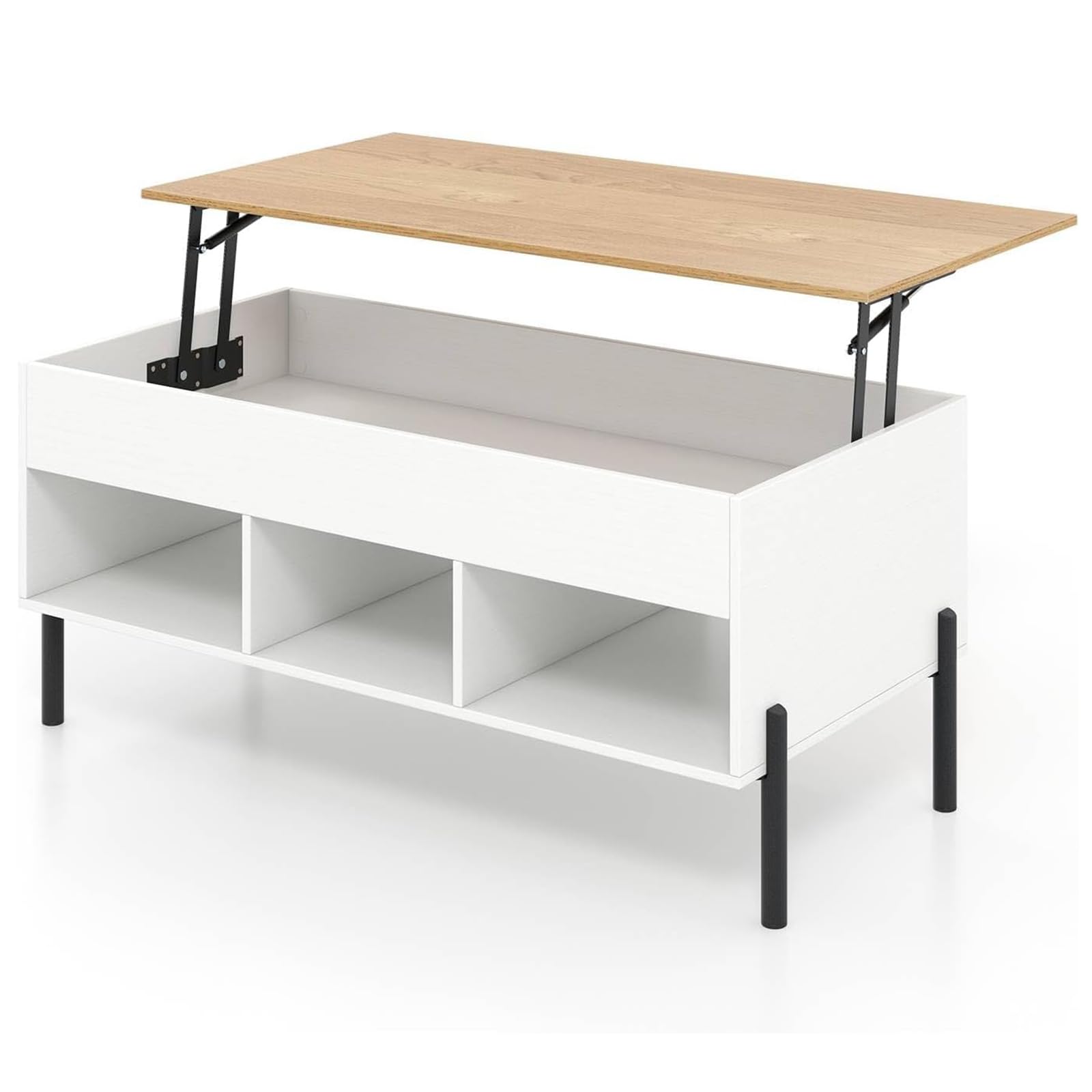 CASART Lift Top Coffee Table, Wooden Lifting Sofa Side Table with Hidden Compartment & 3 Open Cubbies, Home Office Tea Table Center Table for Living Room Bedroom Study (White+Natural)