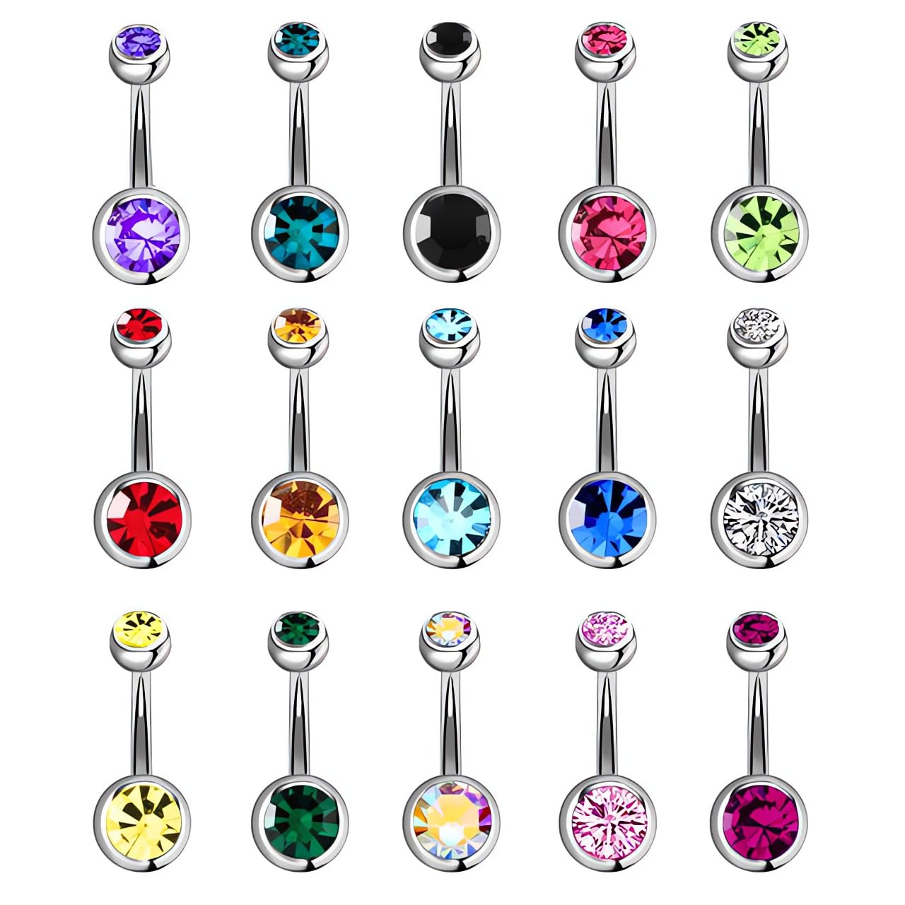 Double Stone Belly Button Ring Combo Set of 15 Stainless Steel Navel Piercing Jewelry for Women and Girls