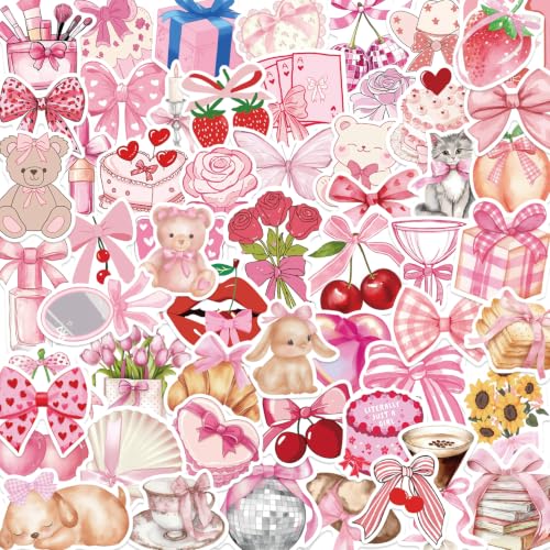 100PCS Coquette Stickers Pink Aesthetic Pack Cute Bow Tie Stickers for Girls Pink Sticker for Laptop Vinyl Waterproof Aesthetic Decals