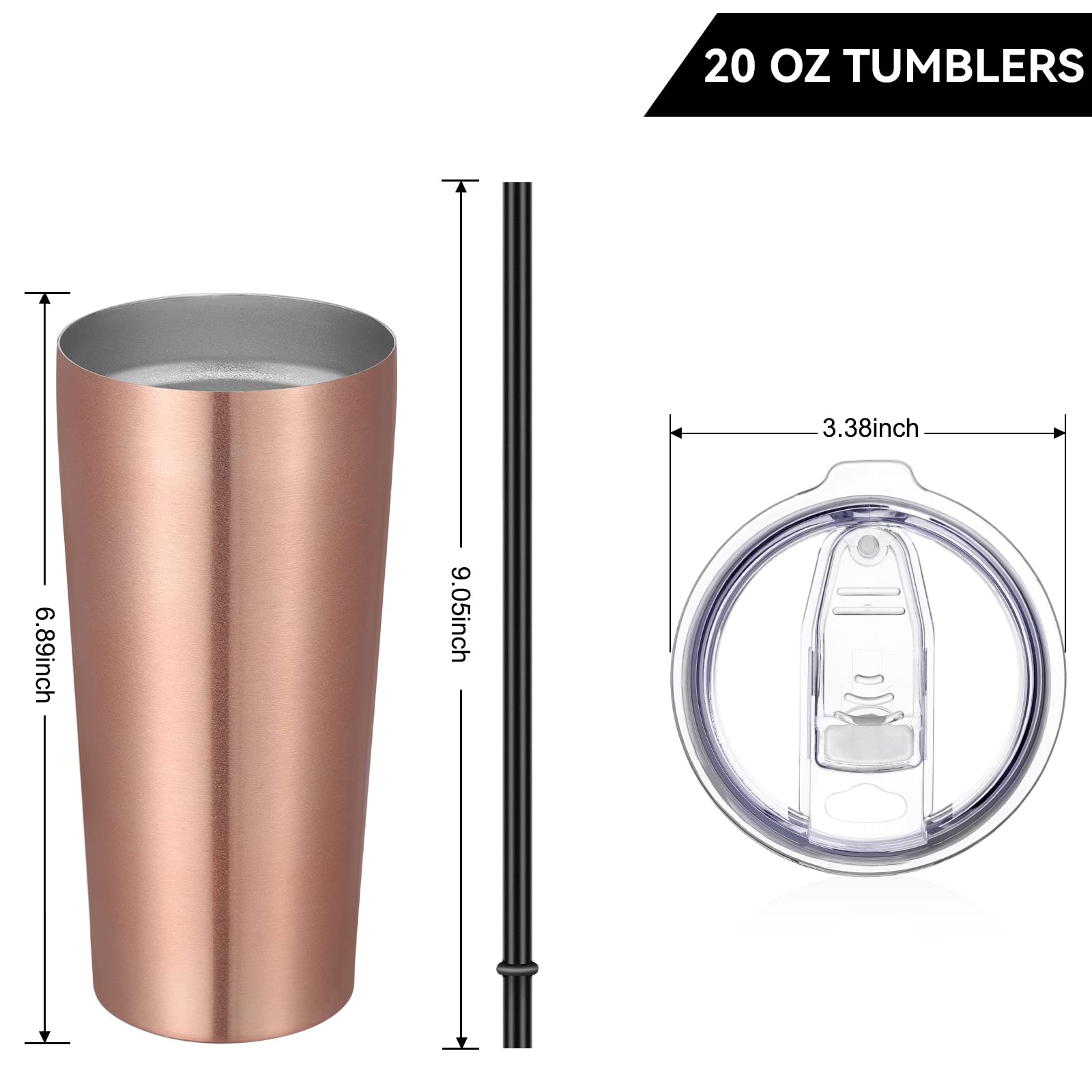 VEGOND 590 ml Becher mit Deckel und Strohhalm, 6 Stück, vakuumisolierter Edelstahlbecher, doppelwandiger Kaffeebecher, Reisebecher, Roségold