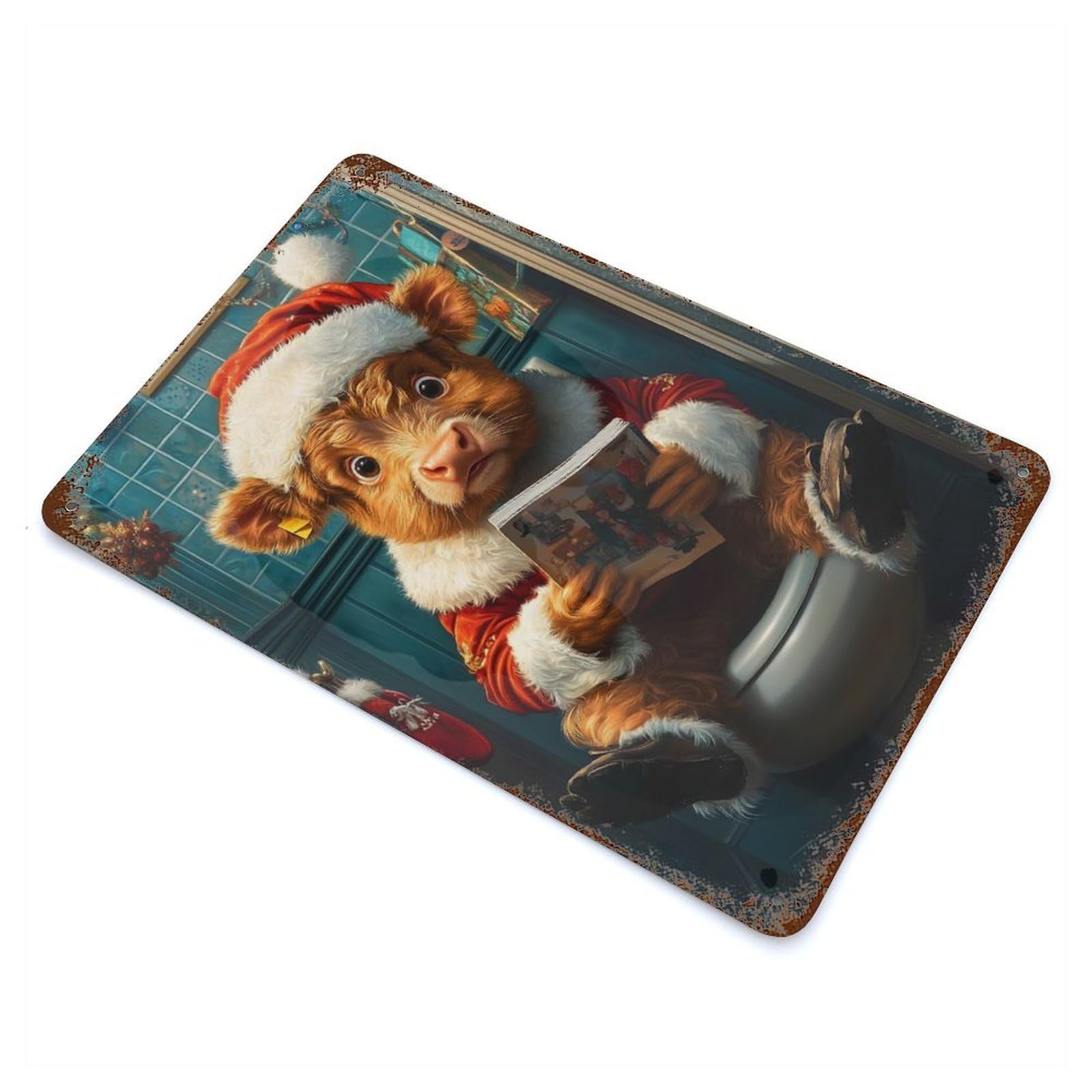 Highland Cow Santa on Toilet 11.8"x7.9" Weathered Tin Sign, Classic Wall Plaque for Patio, Garden Room And Bar Decor