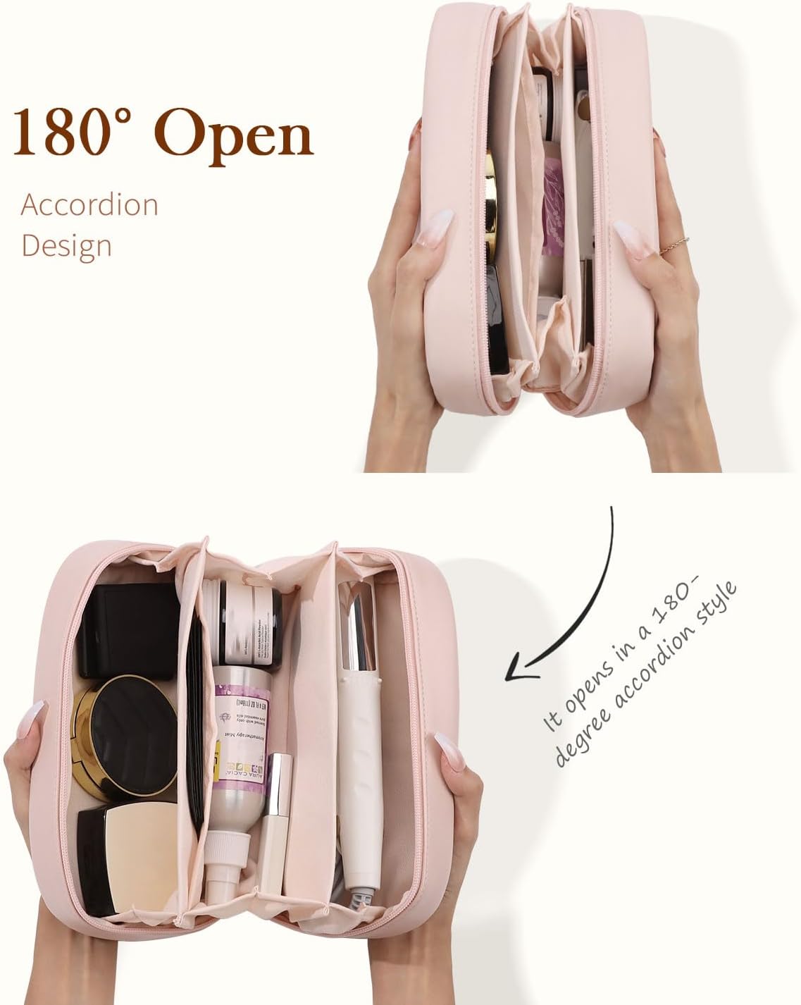 Pocmimut Makeup Bag,Open Flat Makeup Pouch Purse Car Accessories,Travel Essentials Organizer with Divider,Christmas Birthday Gifts for Mom and Lover,Pink