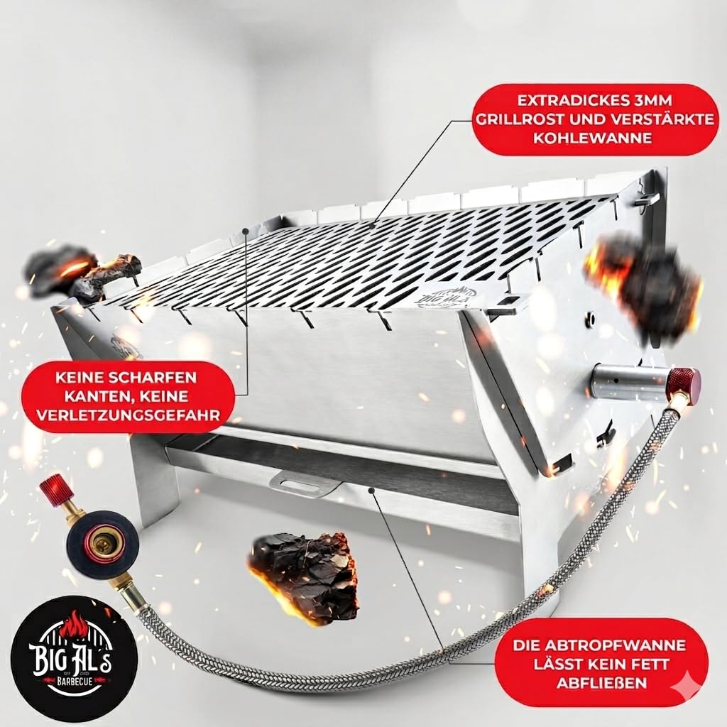 Little Bro Mobiler Steck-Gasgrill 3-in-1 Edelstahl Grill für Gas & Holz/Kohle - Inkl. Tasche (Grillmatte) & Schultergurt - Kompakter Campinggrill für Outdoor, Balkon & Trekking