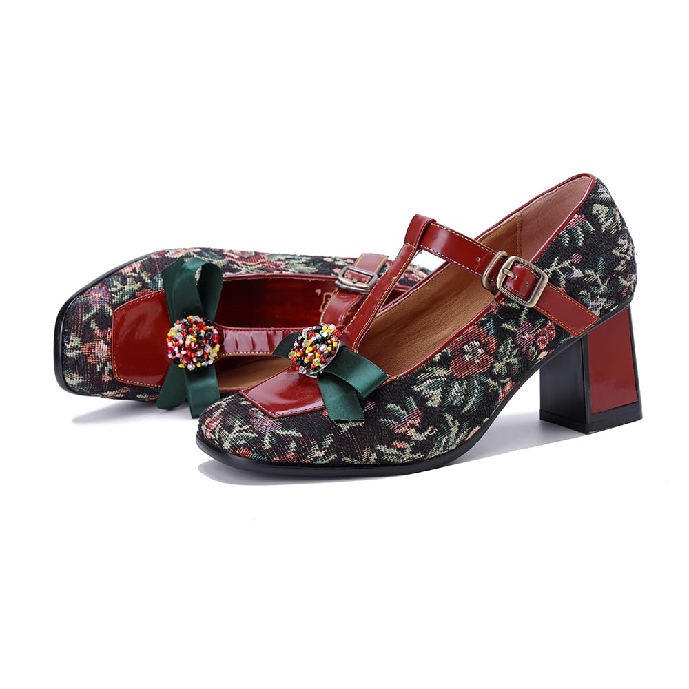 Little KAKA Damen Leder T Strap bunten Mary Jane Schuhe Block Heels Mary Jane Dressing Schuhe