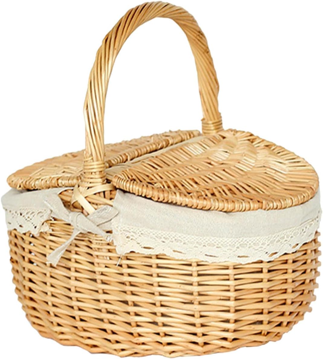 Large Handmade Wicker Picnic Basket with Lid, Medium 35x24x17cm Storage Basket for Outdoor Shopping, Vegetable Picking, and Party Bread