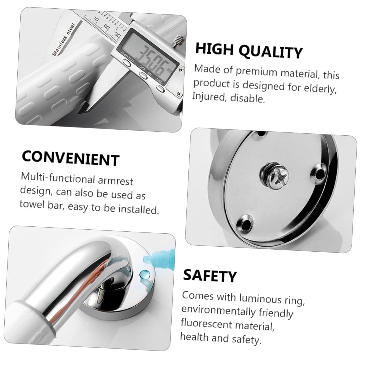 Barra de Seguridad para Baño Antideslizante de Acero Inoxidable con Anillo Luminoso Asidero Ergonómico y Resistente para Mayores y Ducha