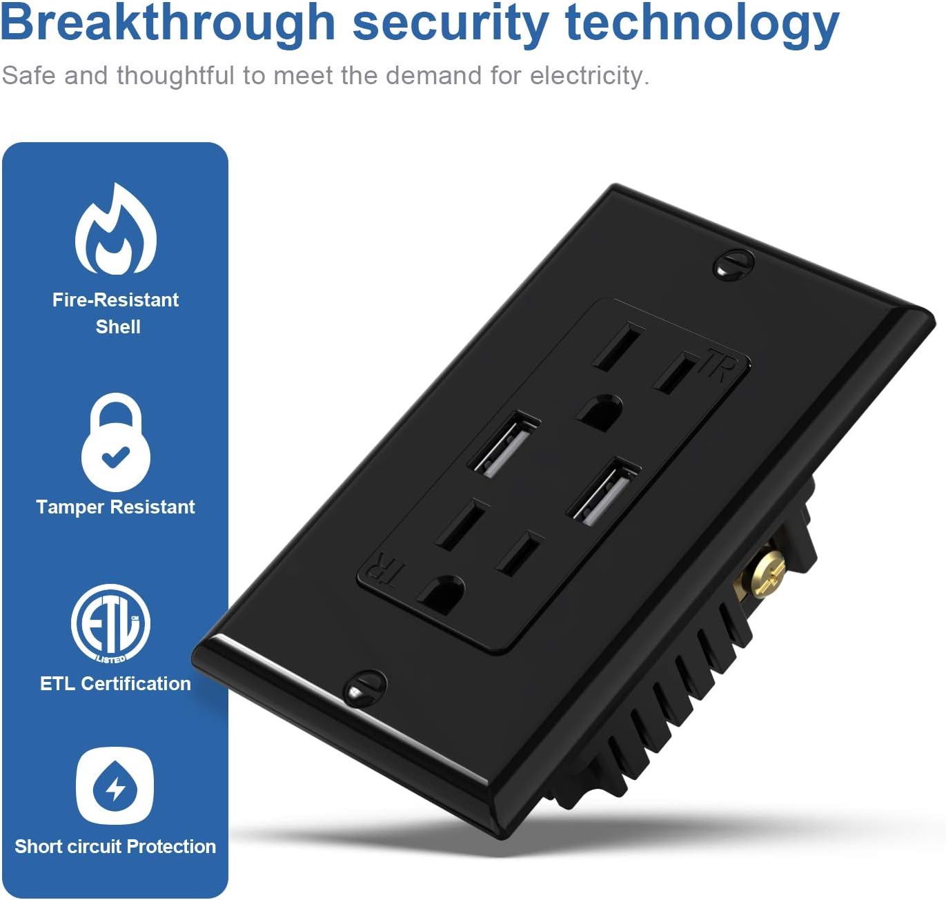 Best Deal 🛒 USB Wall Outlet Charger, 4.8 A Ultra High Speed USB Port, 15A Tamper Resistant Duplex Receptacle, Wall Plate Included (Black 2Pack)