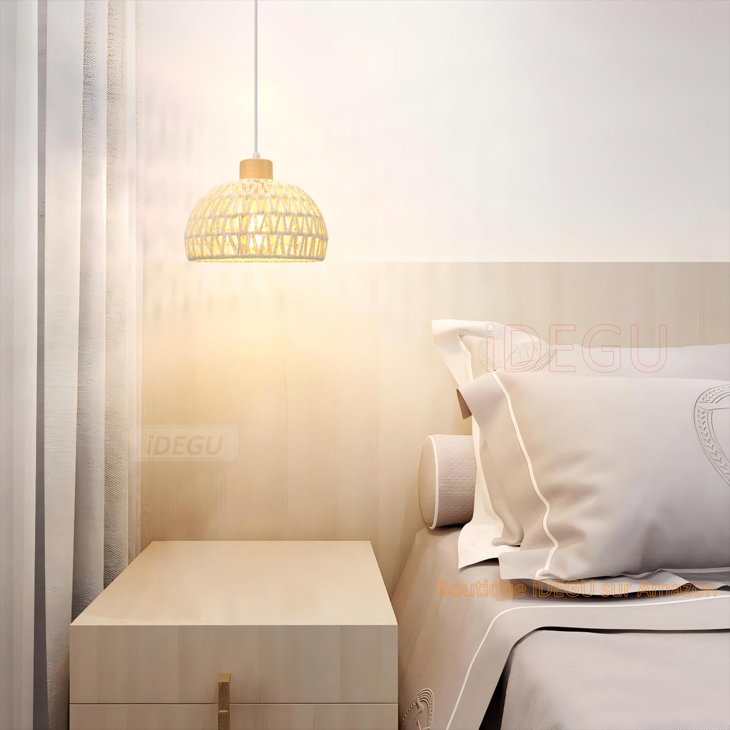 iDEGU Lustre Suspension Rétro Ø 25CM Suspension Luminaire Vintage Style Demi-Cercle Plafonnier E27 en Bois et Rotin Lampe Suspension pour Salon Chambre Salle à Manger Cuisine Café Bar (Blanc)