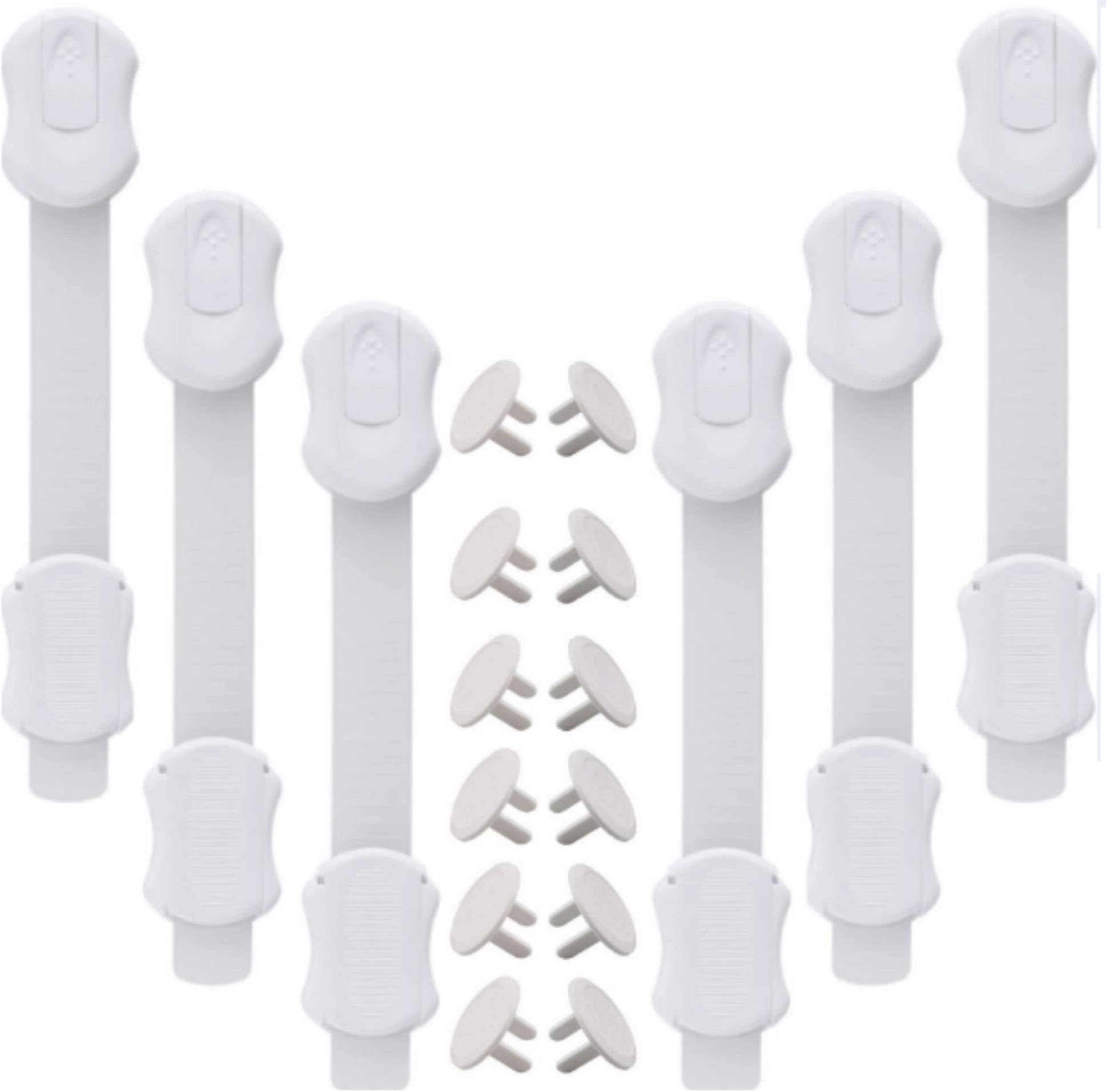 BELIZ- Baby Proofing Drawers Cabinet Locks Child Safety Latches - Toilet Seat - Outlet Covers - Door Proof Straps (White 6 Pack) - 12 Pcs Plug Covers Gift