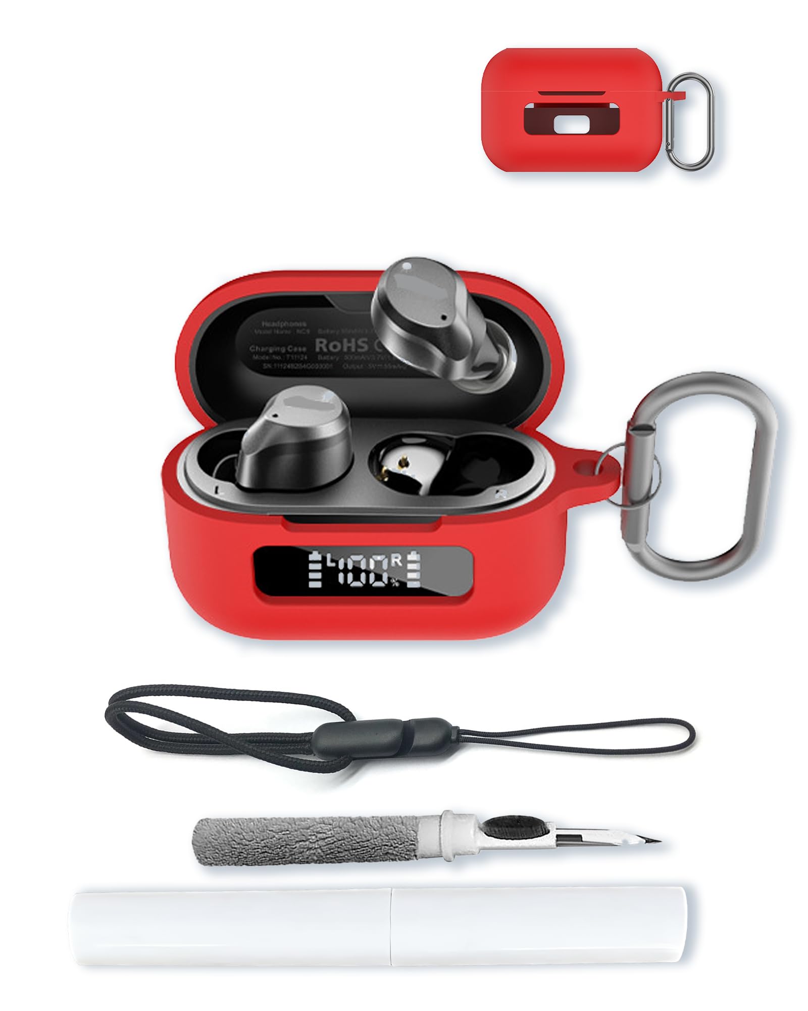 Funda para auriculares inalámbricos TOZO NC9 híbridos con cancelación activa de ruido, protección suave, funda de silicona BOVUGAC con llavero, kit de limpieza y cordón, color rojo