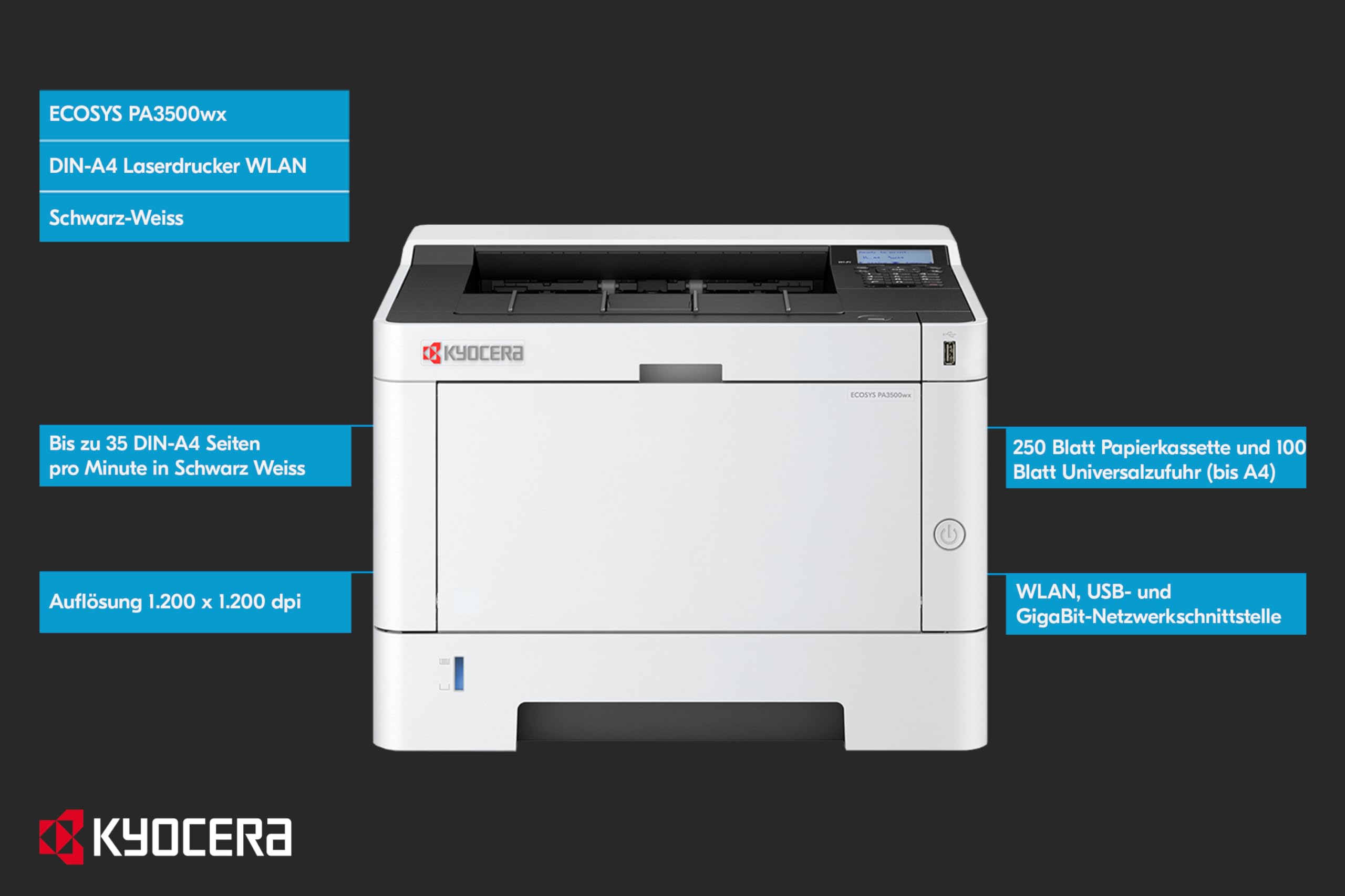 Kyocera ECOSYS PA3500wx, Laser, 1200 x 1200 DPI, A4, Doppelseitiger Druck, Schwarz, Wei?