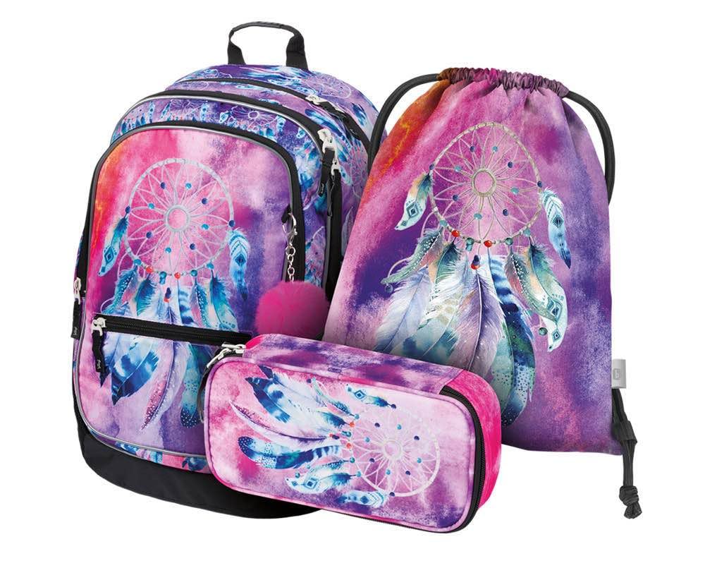 Baagl Schulrucksack Set 3 Teilig, Schultasche ab 3. Klasse, Grundschule Ranzen mit Brustgurt, Ergonomischer Schulranzen (Traumfänger)