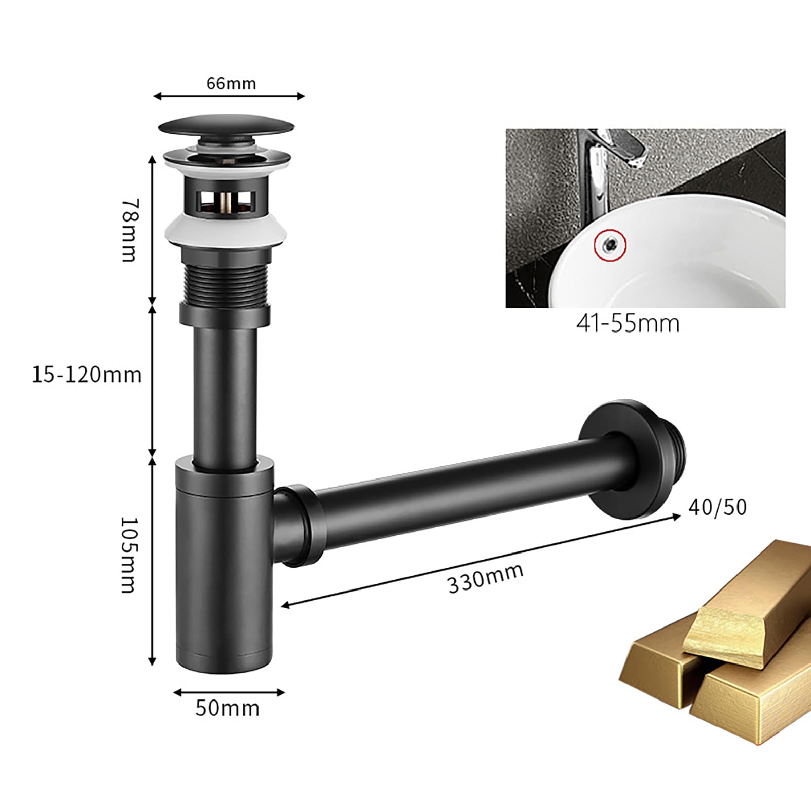 Siphon Waschbecken Mit Überlauf,Pop Up Ablaufventil,Geruchsverschluss,Verstellbares Abflussrohr,Bächlein Siphon Für Die Küchenspüle,Schwarz