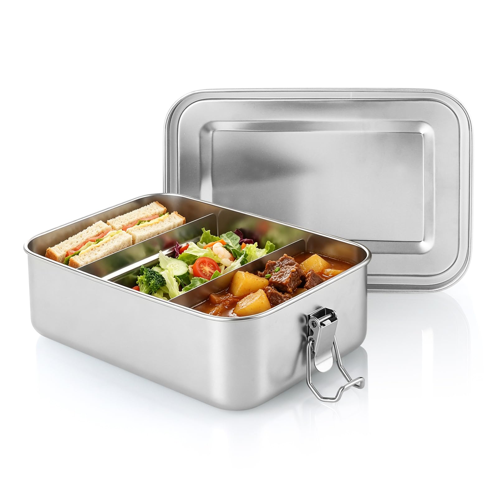Lychico Bento Box 1400ml, 304 Stainless Steel Lunch Box with 2 Removable Dividers, Leak-Proof Portable Food Storage Container for Adults Kids, Dishwasher Safe & Sturdy for Office School Travel