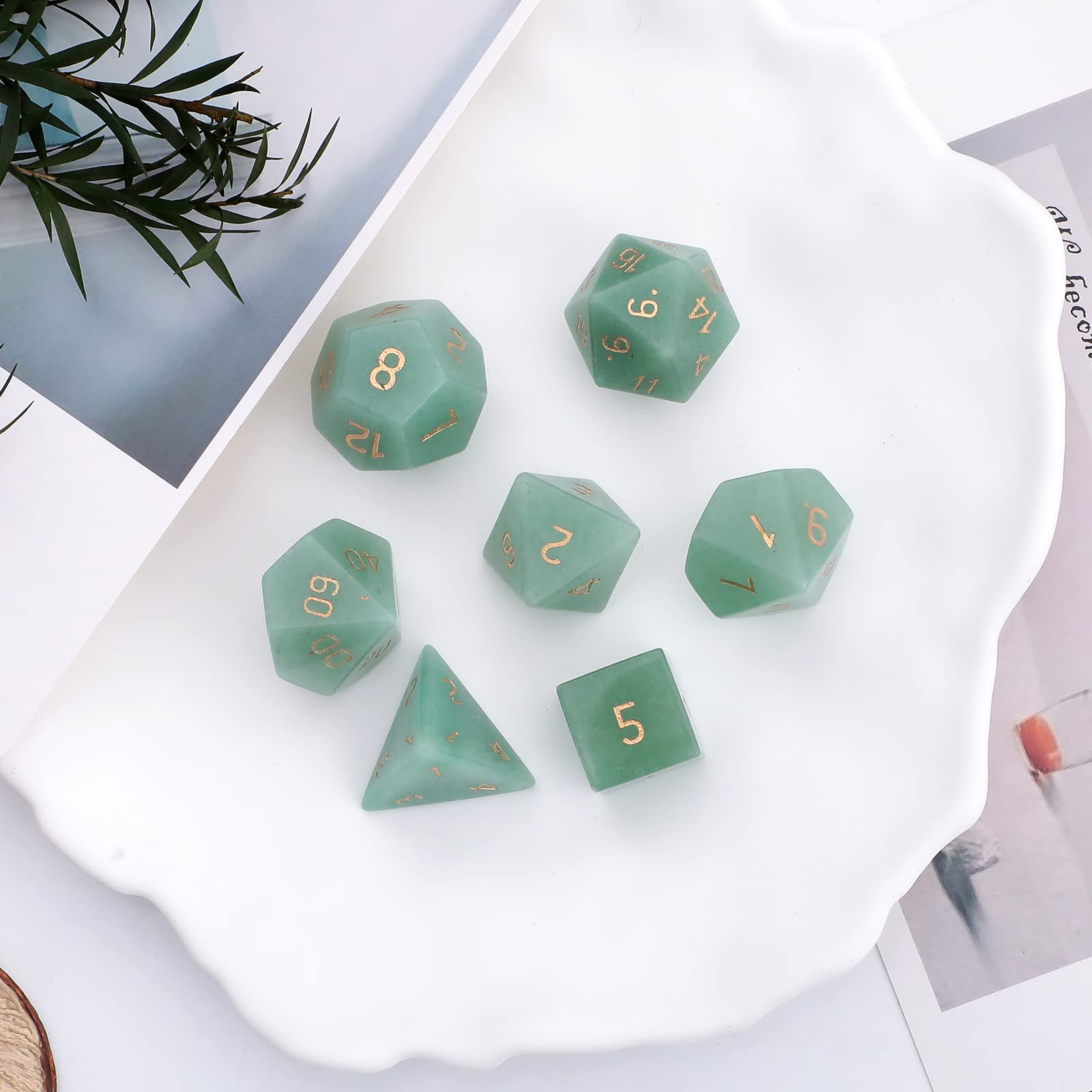 Lot de 7 dés polyédriques DND en cristal pour jeux de rôle Donjons et Dragons, aventurine verte