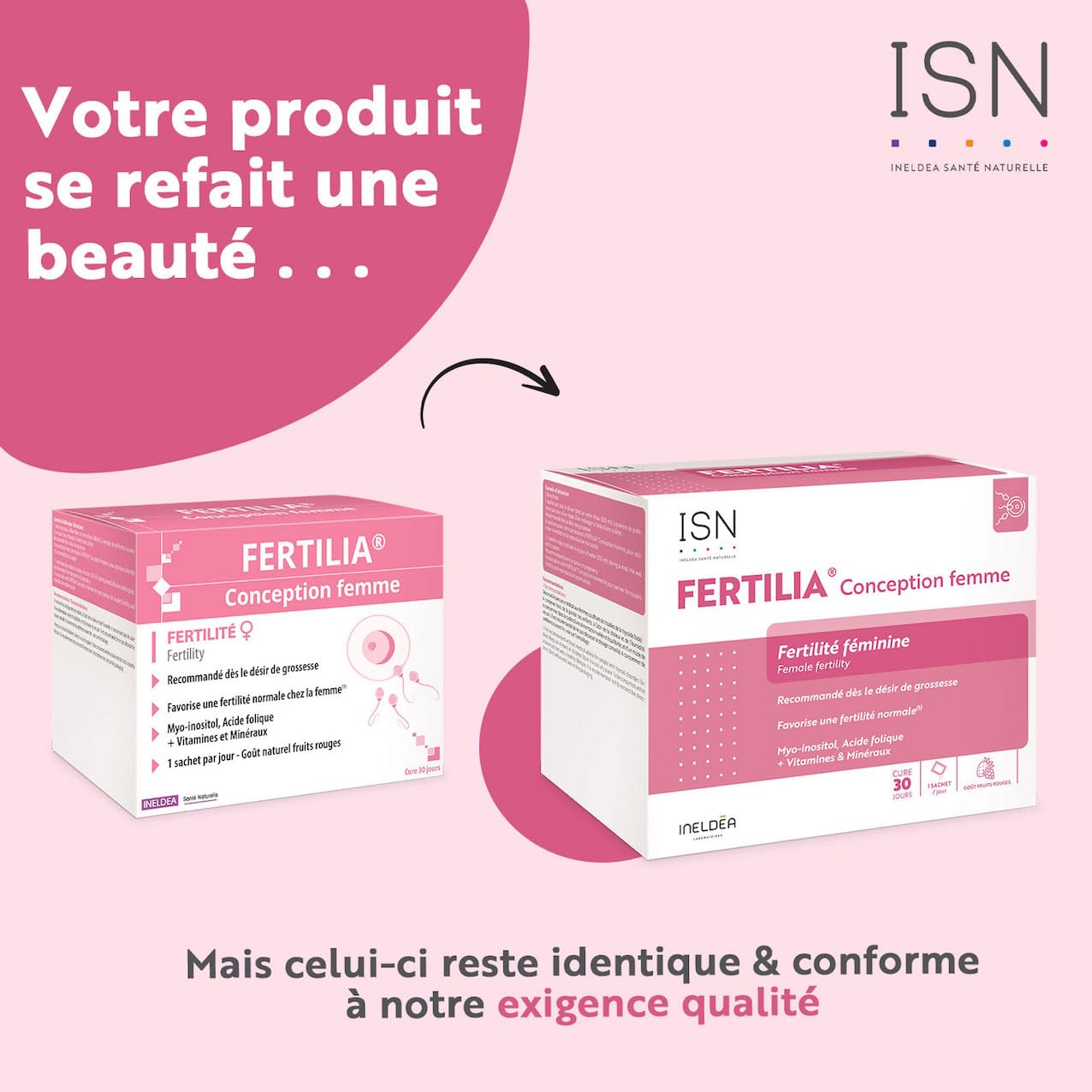 ISN - Fertilia® Conception Femme - Complément alimentaire à base de Myo-inositol, Acide Folique, Iode et antioxydants - Favorise une fertilité normale chez la femme - Cure 30 jours