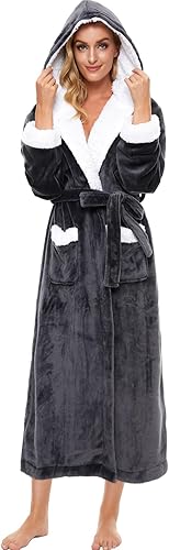 iniber Batas de felpa para mujer, bata larga, mullida, suave, cálida, de forro polar con capucha