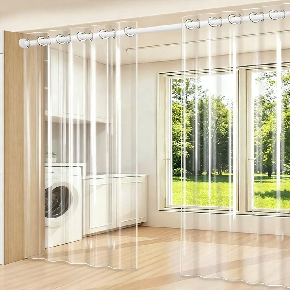 Artiz Rideau De Douche Transparent avec Œillets Antirouille, Séparateur De Pièce en PVC Transparent pour Cuisine, Salon Et Bureau Tringle Télescopique sans Perçage Incluse(2PCS,W:220x H:210cm)
