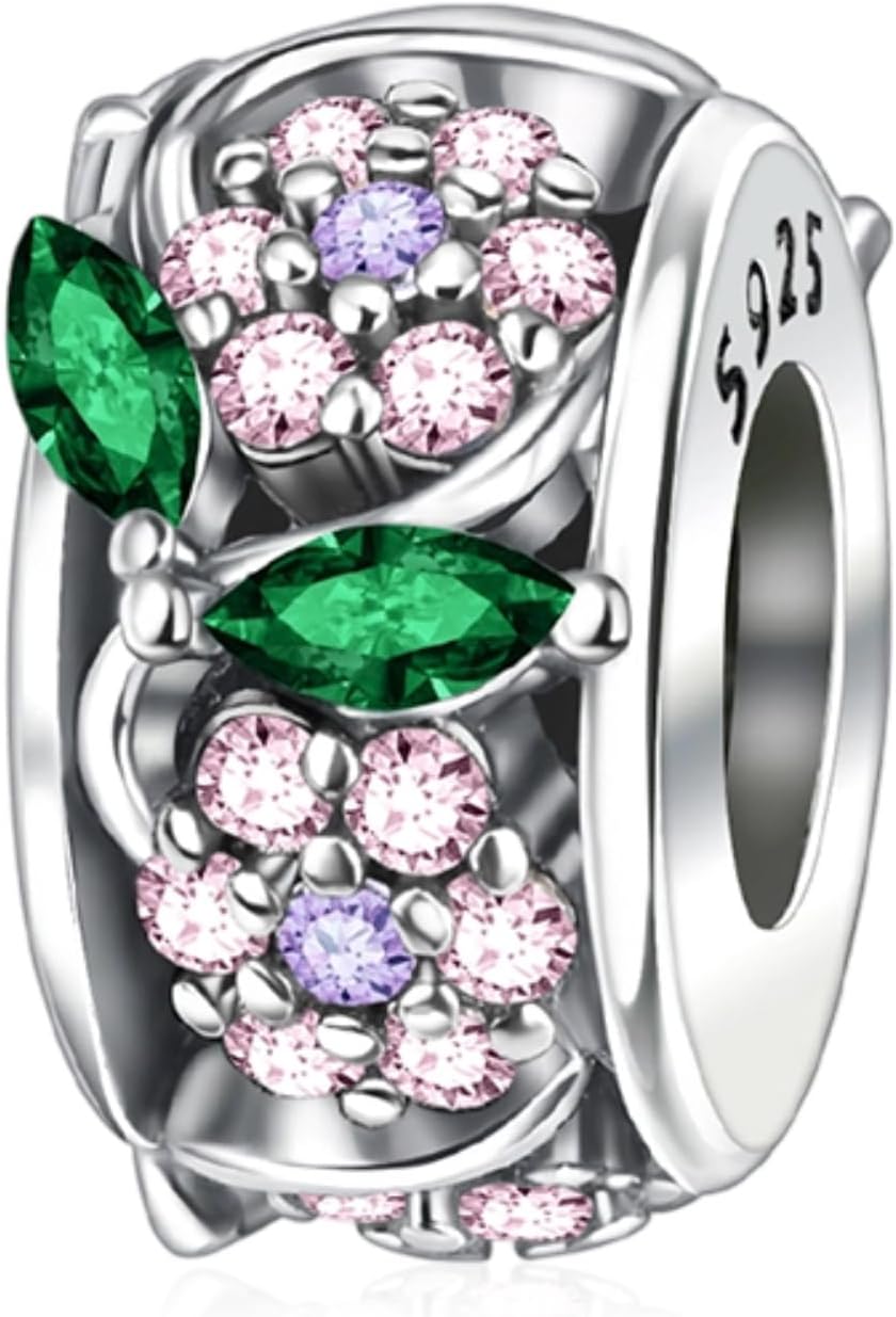 Flower Charm 925 Sterling Silver Charms Silicone Spacer Beads fit Women's Bracelet Necklace