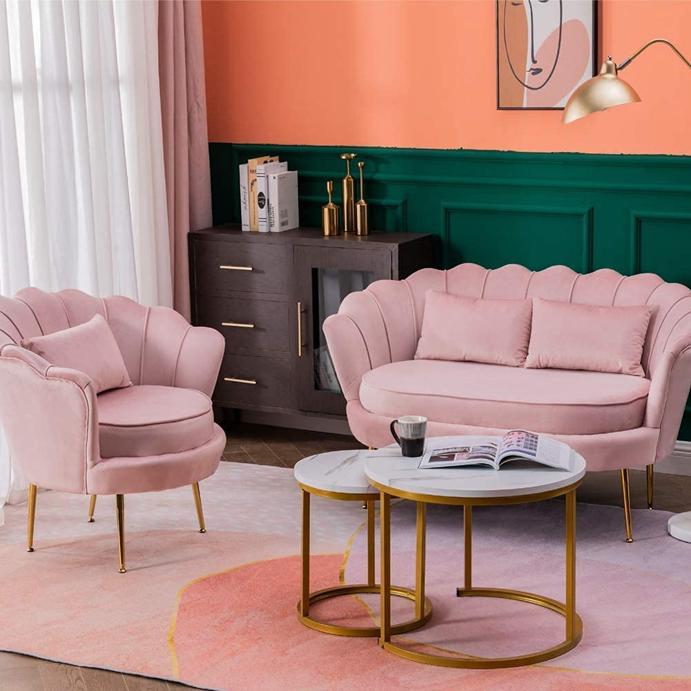 Modern Velvet Accent Chair | Luxury Single Seater Sofa Chair with Curved Barrel Back, Plush High Density Foam Cushion & Solid Metal Legs| Chair for Living Room, Bedroom, Pink, 2 Seater-picture-46