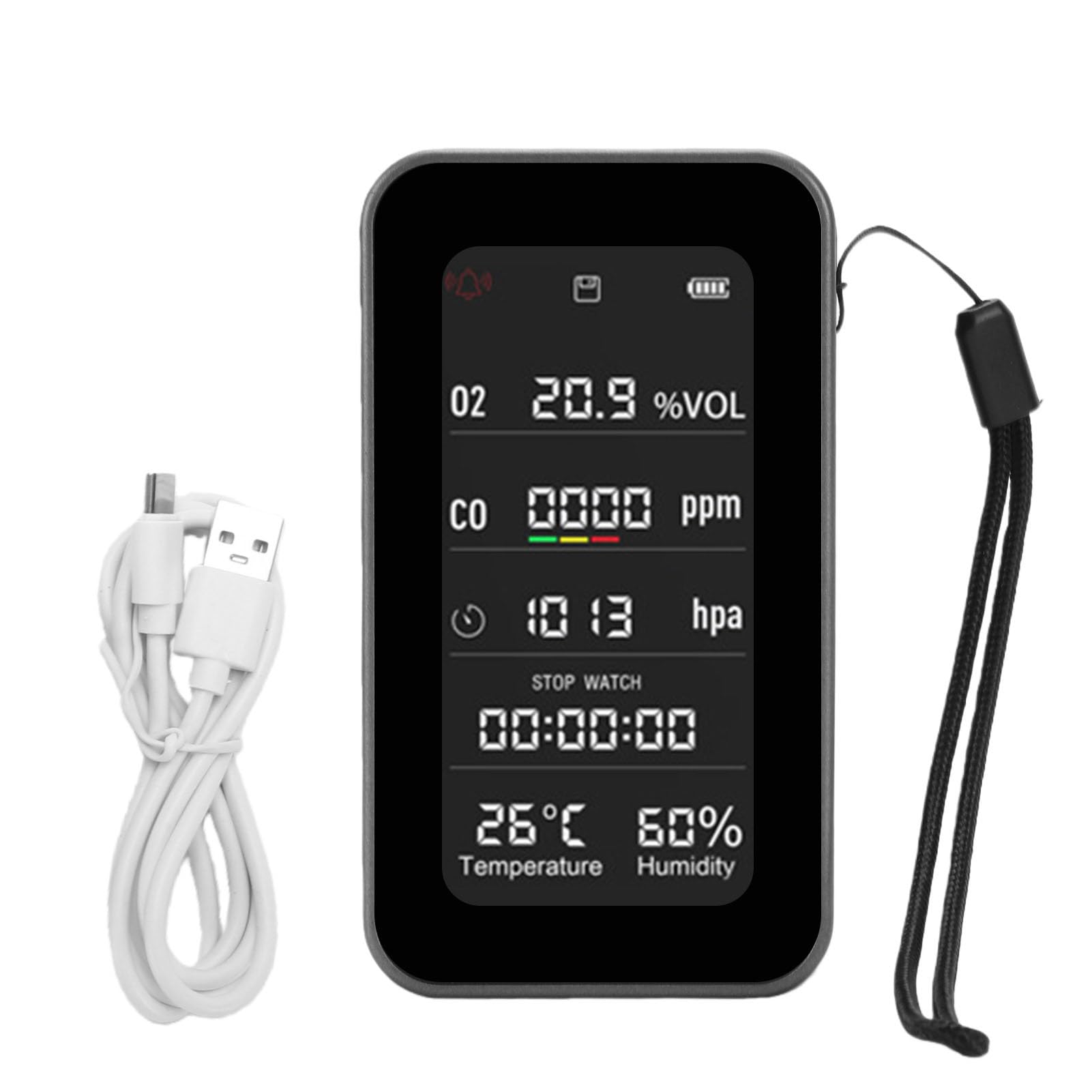 Fafeicy Rilevatore di qualità Dell'aria, Tester Esterno Portatile con Torcia di Emergenza e Allarme di Rilevamento di Ossigeno, Display di Pressione di umidità e Temperatura, Grigio