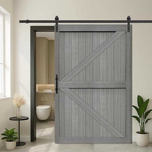 SZ TOPHAND 54 pulgadas x 84 pulgadas Puerta de granero británico anudada de color gris claro con kit de herrajes para puerta corrediza de 10 pies