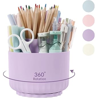SKYDUE Desk Organiser 360 Degree Pen Holder Rotatable Pen Organiser with 5 Compartments Pen Holder Desk for Office School Home Light Purple