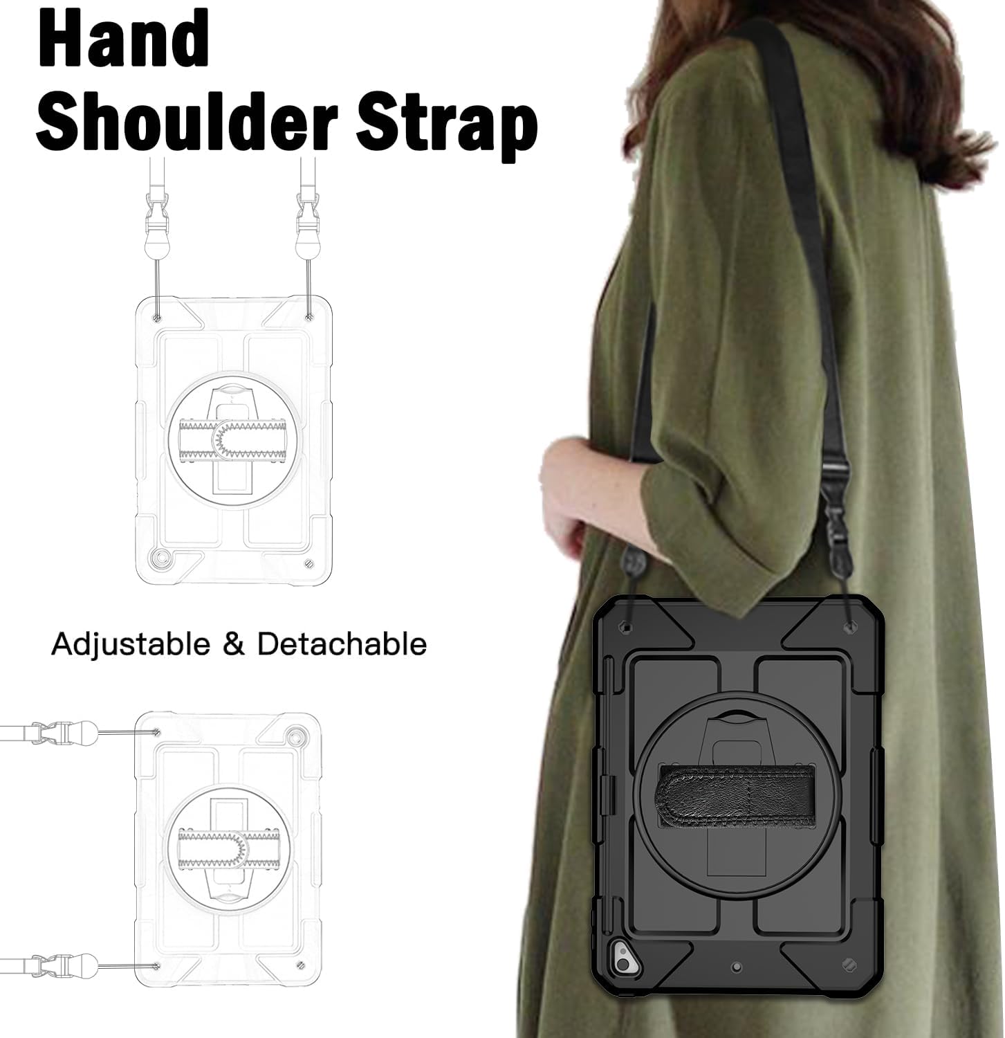 BMOUO Case for iPad 6th/5th Generation Case (9.7 inch, 2018/2017), 360°Rotating Stand, Hand/Shoulder Strap Shockproof iPad 9.7” Case for iPad Air 2, Black - Image 8