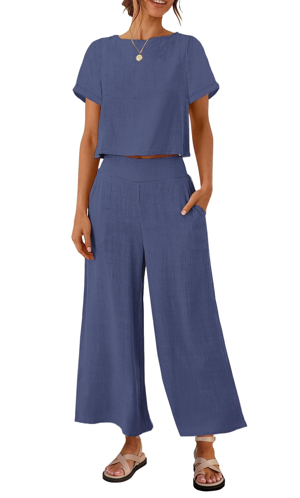ZESICA Women's Piece Outfits Linen Short Sleeve Crop Top and Wide Leg  Pants Lounge Matching Set Tracksuits Trendy Clothes