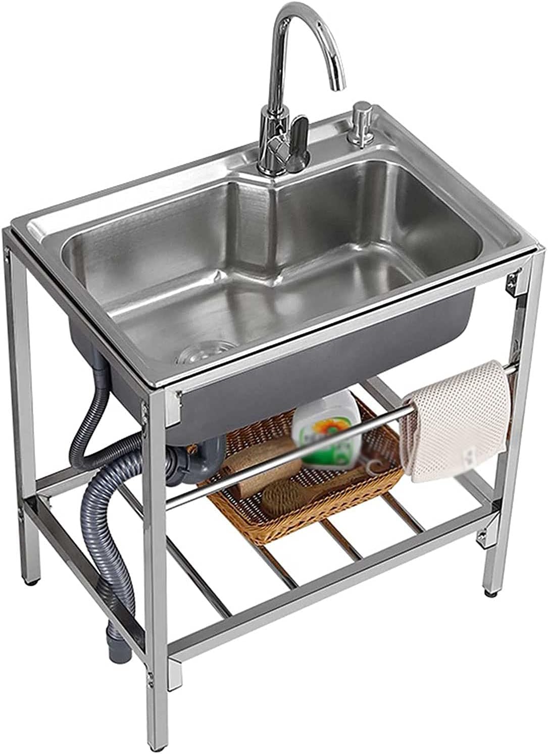 Stainless Steel Commercial Sinks freestanding Single Bowl Sink with Faucet Used in Garages Restaurants Kitchens Laundry Rooms Hand Washing Sink (68 X 44 cm)