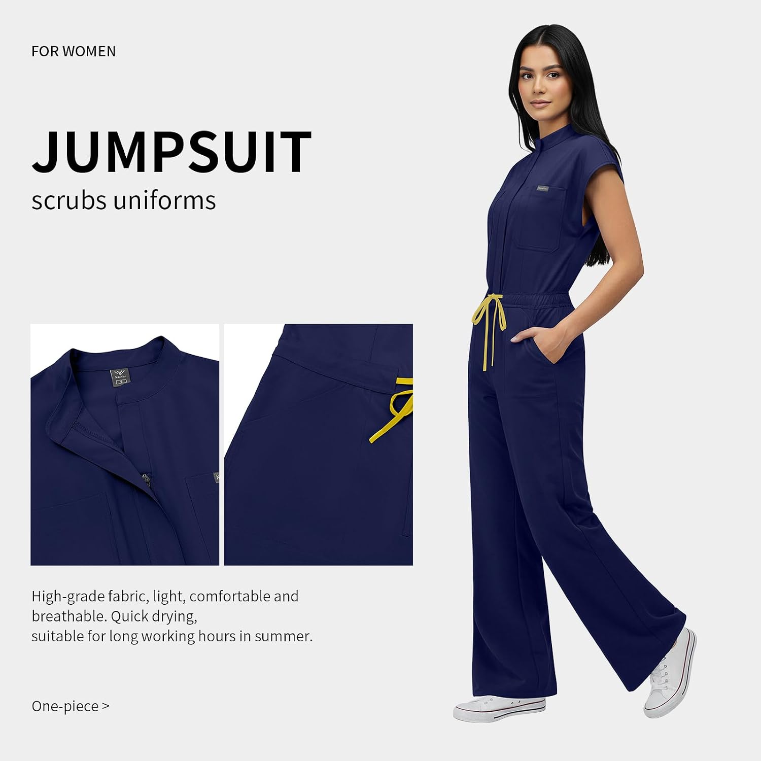 VIAOLI One-Piece Medical Scrub Jumpsuit for Women, Nursing Uniform with Hidden Zipper Front, Elastic Drawstring Waist