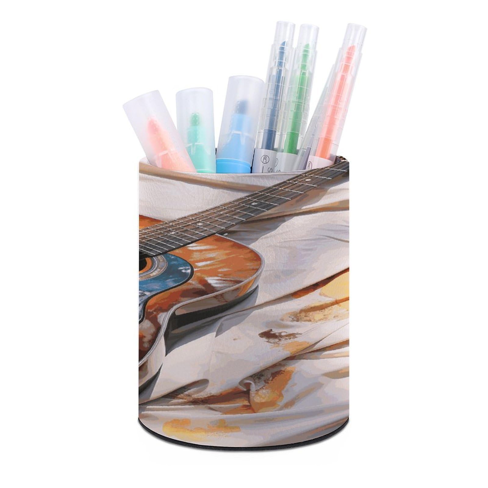 VstaDank - Round Acoustic Guitar Pen Holder PU Leather Desk Organizer Holder for Brush Decoration Office Desk Home (3.1" x 3.9")