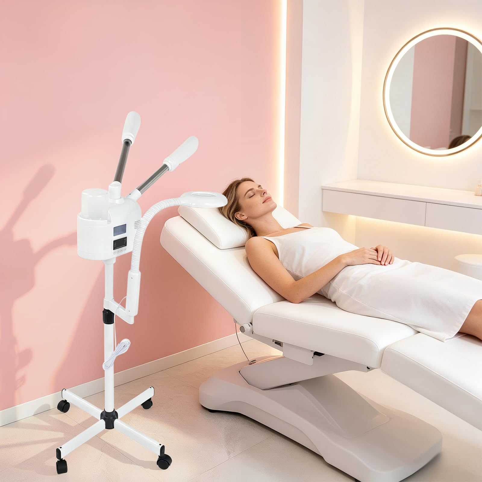 Vaporizzatore viso 3 in 1, vaporizzatore all'ozono, sauna facciale, pulitore dei pori, con ugello caldo e freddo, dispositivo a vapore con lampade a LED e touch screen intelligente, per spa, salone e