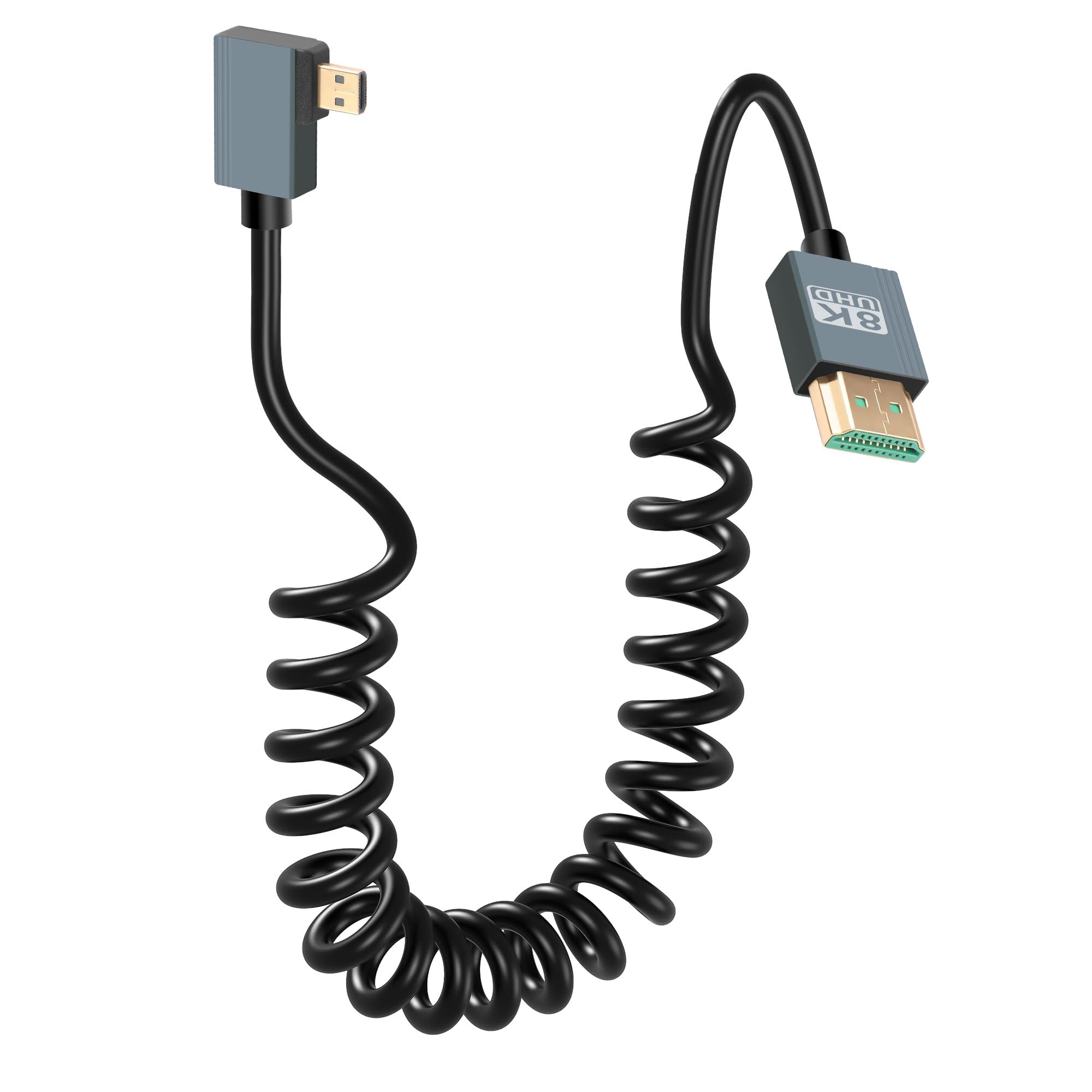 CERRXIAN 8K Left Angled Micro HDMI to HDMI Cable, 48Gbps High Speed 90 Degree Micro HDMI to HDMI Coiled Cable Support 8K@60Hz 4K@120Hz Dynamic HDR Compatible with Laptop Camera Monitor 3FT
