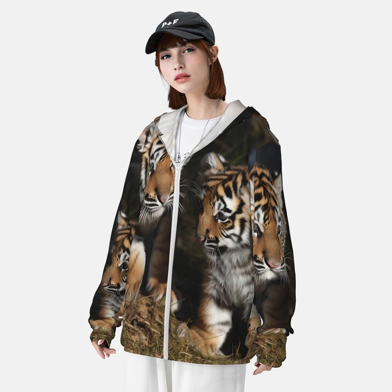 UPF 50+ Siberian tiger cubs Sun Protection Hoodie Jacket Lightweight Long Sleeve Sun Shirt With Pockets