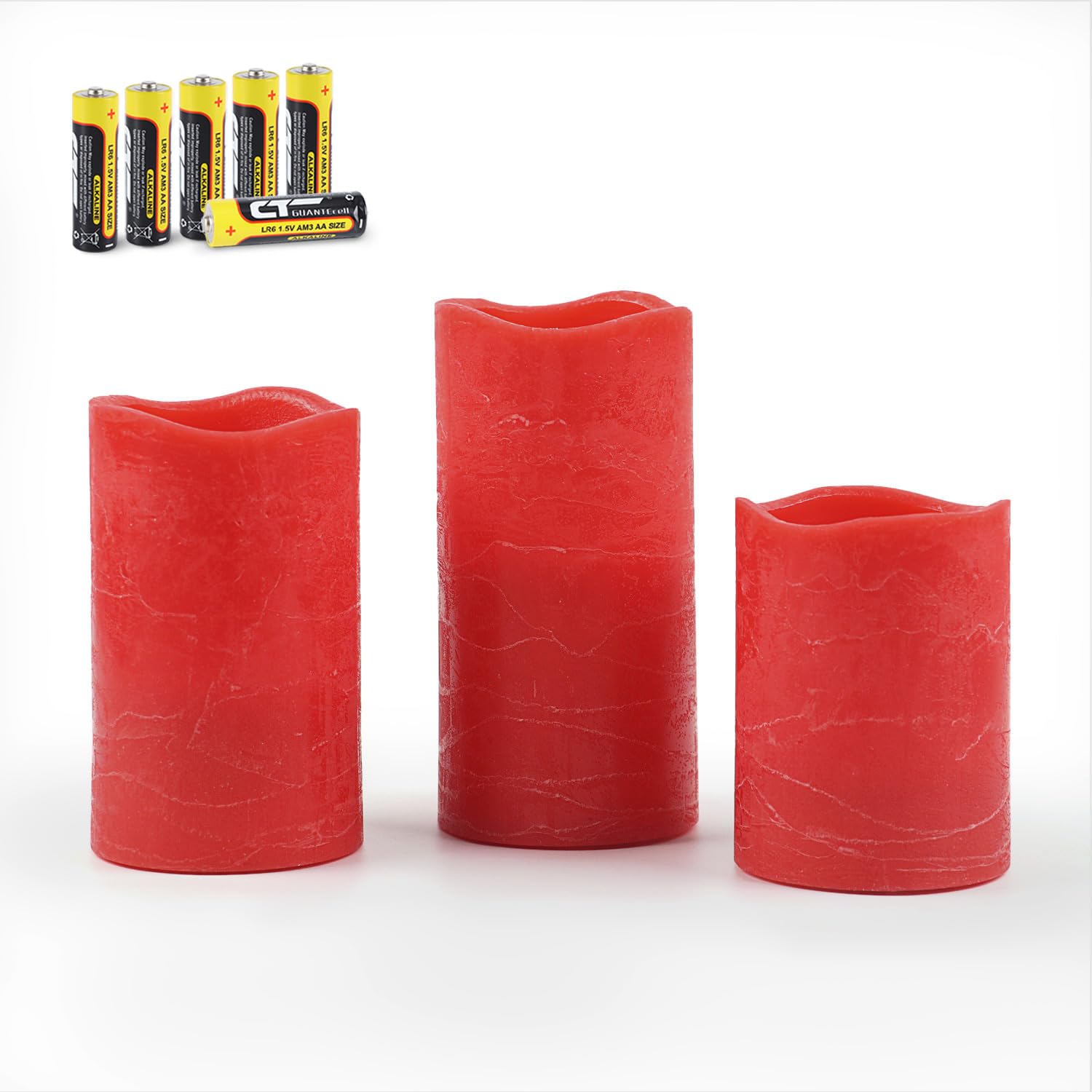 Rhytsing Red Battery Operated Flameless Led Candles with Timer Function, Warm White Flickering Light, Real Wax Finish, 6 Batteries Included - Set of 3