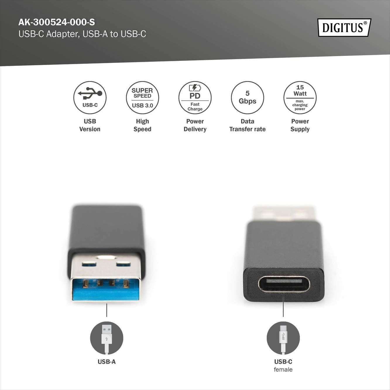 ASSMANN DIGITUS Adaptador USB 3.2 Gen1 - USB A (Macho) a Tipo C (Hembra) - 5 Gbit/s - Cable - Negro