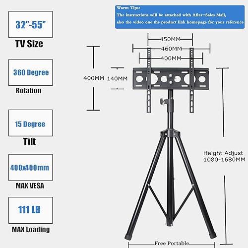 Miniatura 4 de YFLY Trípode negro Pantalla de TV Soporte de piso portátil Soporte de altura ajustable para pantallas planas de 32" a 55"