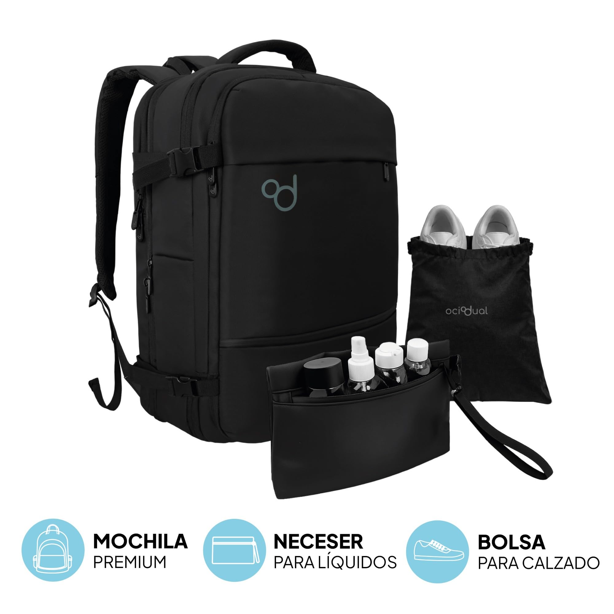 OcioDual Mochila Viaje Cabina 55x40x20 Expandible 40L, Equipaje de Mano Avión, Compartimento Portátil 17", Compatible Iberia Lufthansa British Airways