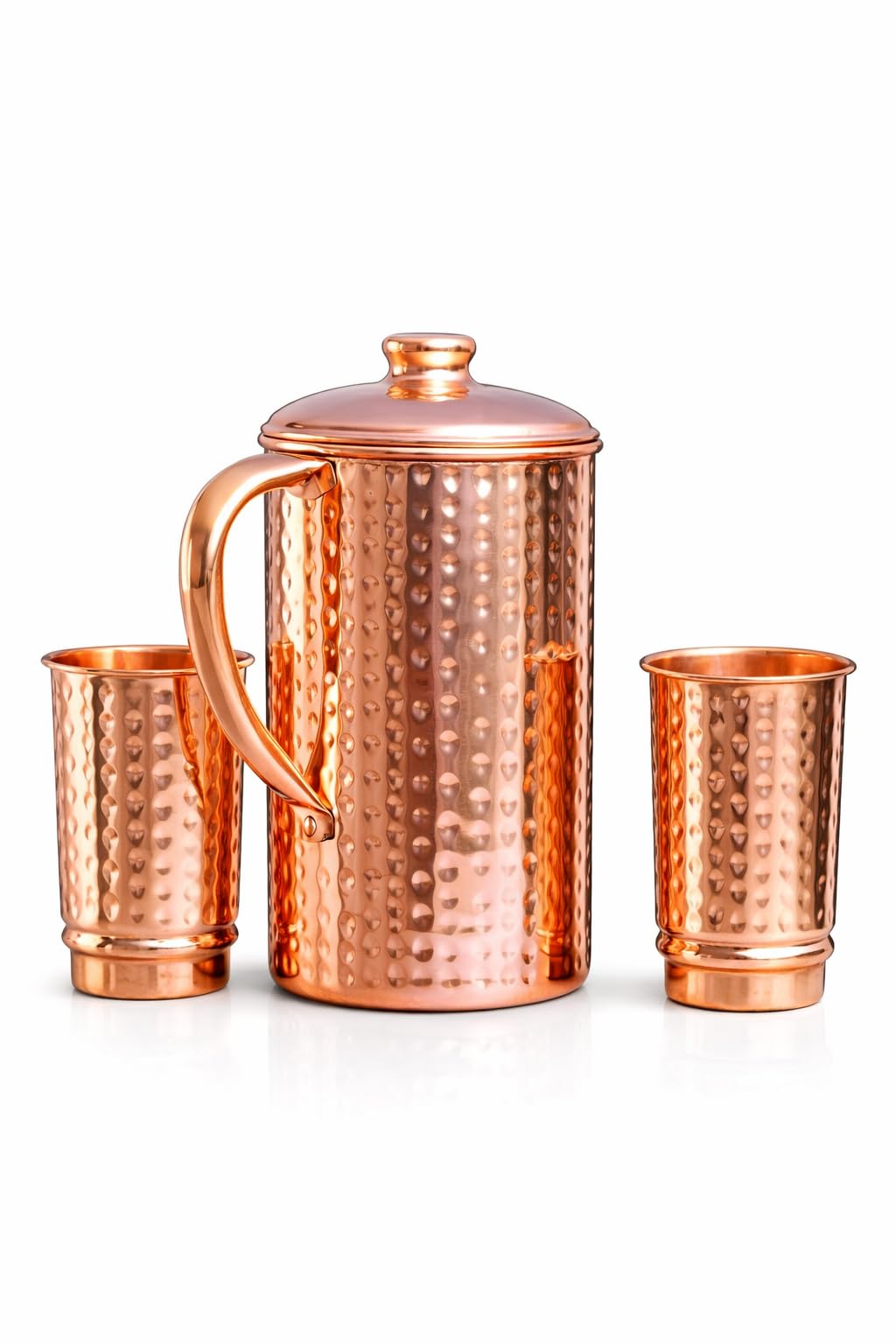 Brocca d'acqua in puro rame, brocca in rame con coperchio per acqua potabile, tradizionale ayurvedico Tamra Jal per acqua potabile, capacità 1,5 l, brocca in rame martellato + 2 tazze)
