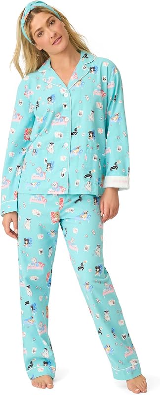 PJ Salvage Women's Cotton Flannel Long-sleeve Top, Pant and Headband 3-piece Pajama Set